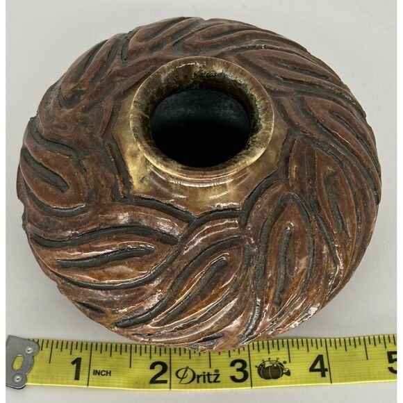 Vintage Stoneware Art Pottery Bowl Tan Brown Swirl Abstract Glazed Signed - Picture 9 of 9